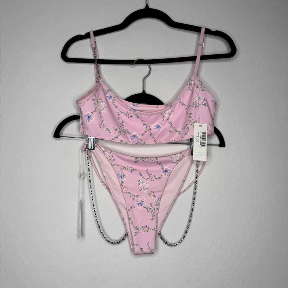 Frankie’s Bikinis Fairytale Dallas Top Isabella Bottom Floral Chain Set L NWT